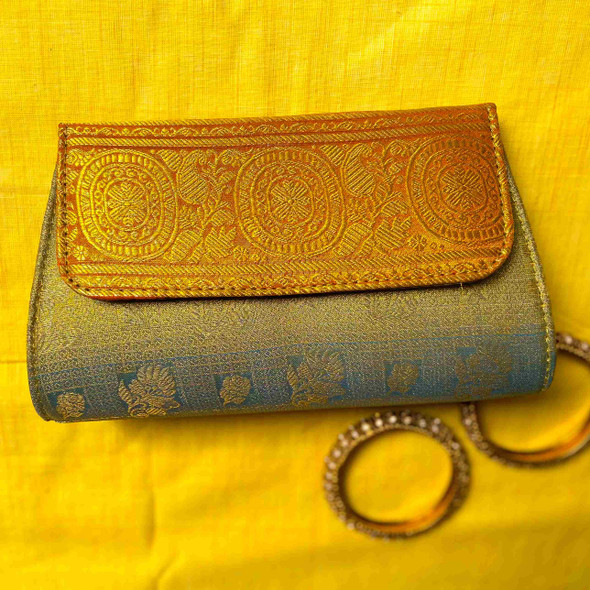 Upcyclie | Clutch Purse- Orange border with Golden Butta | 4.18 Oz | 0.26 lbs