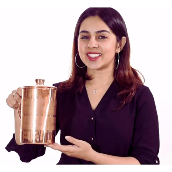 Indian Art Villa Pure Copper Luxury Design Jug Pitcher, Storage & Serving Water | 1700 ML | 57.48 fl oz [Fit Tuber Recs]