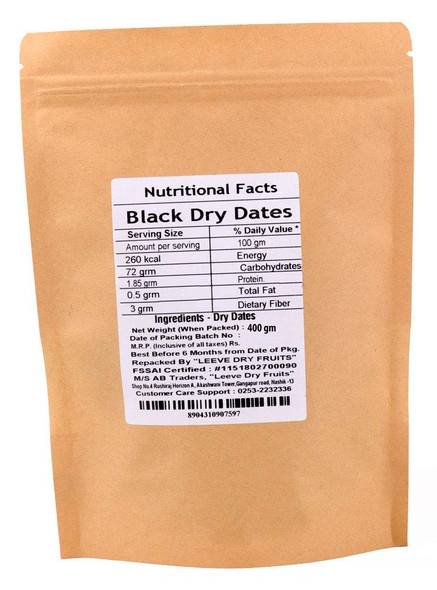 Leeve Dry Fruits Brand Best Fresh Dried Black Dates | 400 grams Pack Pouch |Suka Kala Khajoor | Kali Kharik | 400 grams | 14.11 oz [Fit Tuber Recs]