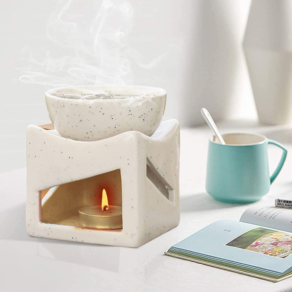 Pure Source India Ceramic Clay Candle Operated Aroma Burner Oil Diffuser, Extra Large Bowl, with 1 Tealight, 4 Inch, (White Dotted) [Fit Tuber Recs]