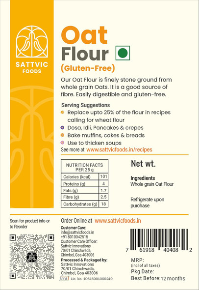 Sattvic Foods Oat Flour/Atta (1.5 kg) | Stone Ground from Whole Grain Oats, Gluten-Free, Low GI Superfood, High in Protein & Fibre | Use in Baking, Rotis, Chilla and Flour Blends | 1.5 kg | 3.31 lb [Fit Tuber Recs]