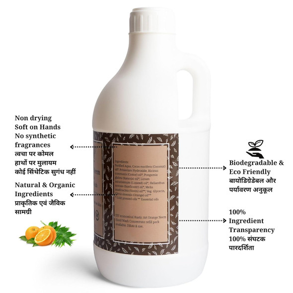 Rustic Art Organic Orange Neem Hand Wash Refill Pack | Ready to Use Liquid | Natural, Vegan | Non-Drying, Hydrating | 1100ml | 37.19 fl oz [Fit Tuber Recs]