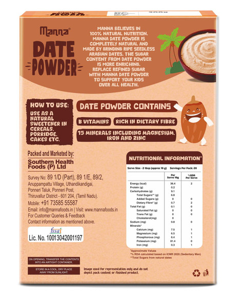 Manna Date Powder Natural Sweetner, 100% Arabian Dates No Added Sugar, Preservatives or Chemicals|200g|7.05 oz [Fit Tuber Recs]