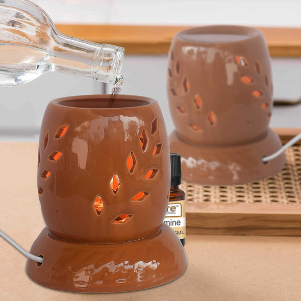 Pure Source India Ceramic Electric Aroma Diffuser Oil Burner/Oil Warmer Round Shape with Bulb (Brown Small)|150g|5.29 oz [Fit Tuber Recs]