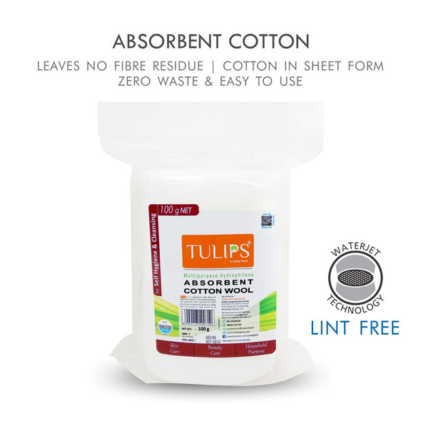 Tulips Absorbent Soft Cotton Wool/Roll for Makeup Remover, Beauty, Adult & Baby Care Disposable Cotton (Pack of 4) | 100gm | 3.53 oz [Fit Tuber Recs]