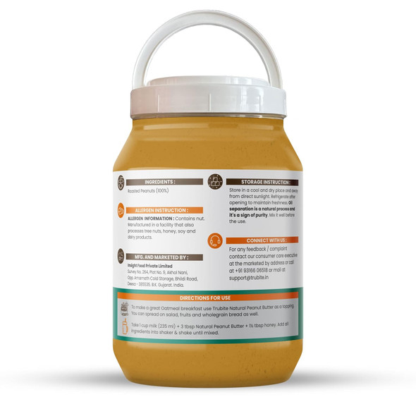 Trubite Natural Peanut Butter (Creamy) | Unsweetened | 30g Protein | Non GMO | Gluten Free | Cholesterol Free | 2.5kg | 5.51 lb [Fit Tuber Recs]