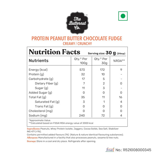 The Butternut Co. Protein Chocolate Fudge Peanut Butter,Crunchy,32 G Protein,No Refined Sugar,High Protein,Nutritious And Delicious Treat For Breakfast,All Natural,No Cholesterol | 800 Grams | 28.22 oz [Fit Tuber Recs]