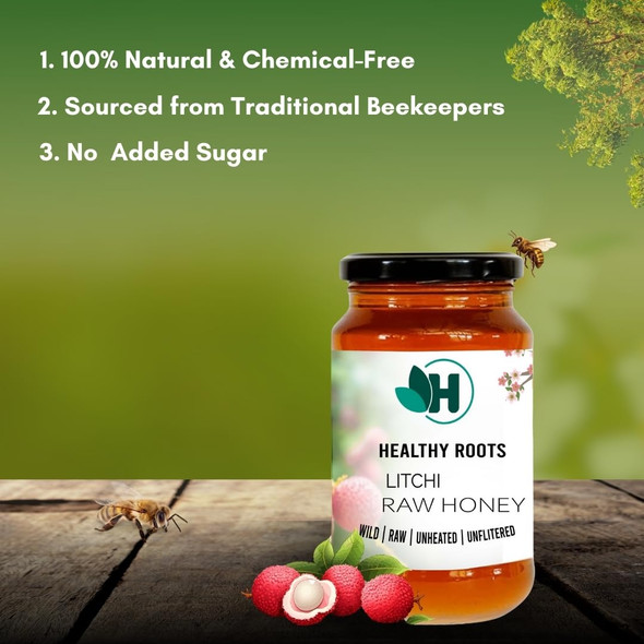 Healthy roots Litchi Honey 1Kg- Organic Honey Raw Unprocessed (Pure Honey 100% Natural No Added Sugar) (1 Kg)