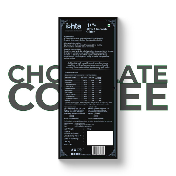 Organic Mandya 41% Mylk Chocolate with coffee (40g)|1 piece