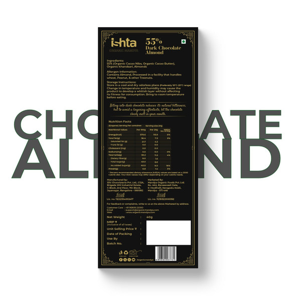 Organic Mandya 55% Dark chocolate with Almonds (40g)|1 piece