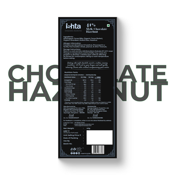 Organic Mandya 41% Mylk Chocolate with Hazelnut (40g)|1 piece