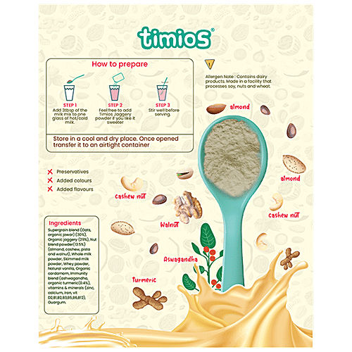 Timios High Protein Nuts & Turmeric Hearty Milk Mix - No Sugar, With Oats, Organic Jowar, Nut Blend Powder|250 g