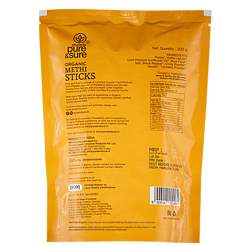 Phalada Pure & Sure Organic Methi Sticks - Made With Wheat Flour, Fenugreek Leaves, Crunchy & Delicious|200 g