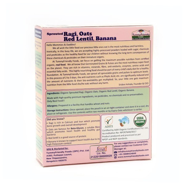 TUMMYFRIENDLY FOODS 100% Organic Sprouted Ragi Oats Red Lentil Ba|200 g