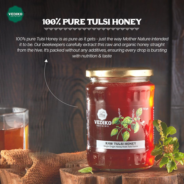 Vediko Origins Raw Tulsi Organic Honey | 100% Pure, Natural, Unprocessed Basil Honey | Single-Origin, No Added Sugar, Chemical-Free, Respiratory Support (1 kg)