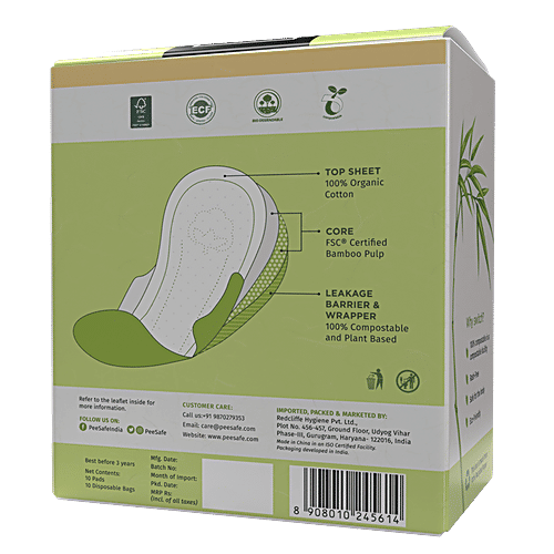 Pee Safe 100% Organic Cotton Biodegradable Sanitary Pads - Regular|10 pcs
