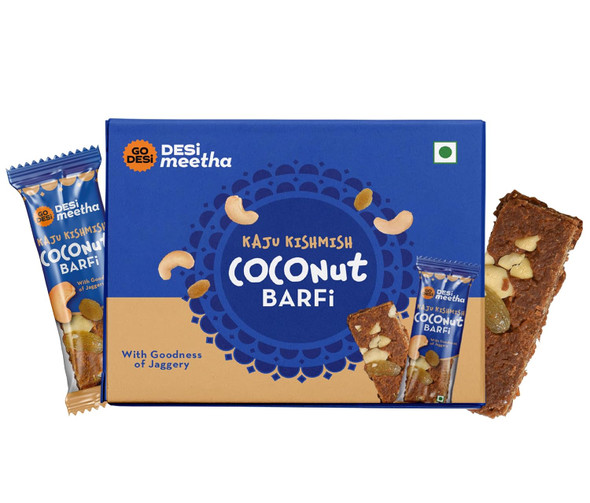 GO DESi - DESi Meetha Kaju Kishmish Coconut Barfi | 96 Grams | 8 Individually Wrapped Pieces | Dry Fruits Sweet | Cashew Nuts Raisin bar | Sweets Indian Mithai