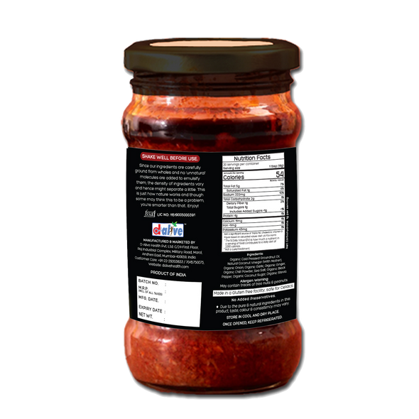 D-Alive | Organic Hot Schezwan Sauce (USDA Organic, Sugar-Free, Gluten-Free, Low Carb, Ultra Low GI, Vegan, Diabetes & Keto Friendly) - 280g | 9.47 Oz | 0.62 lbs