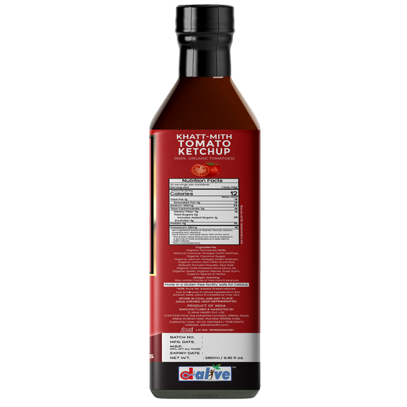D-Alive | Organic Khatt-Mith Tomato Ketchup (USDA Organic, Sugar-Free, Gluten-Free, Low Carb, Ultra Low GI, Vegan, Diabetes & Keto Friendly) - 280g | 9.47 Oz | 0.62 lbs