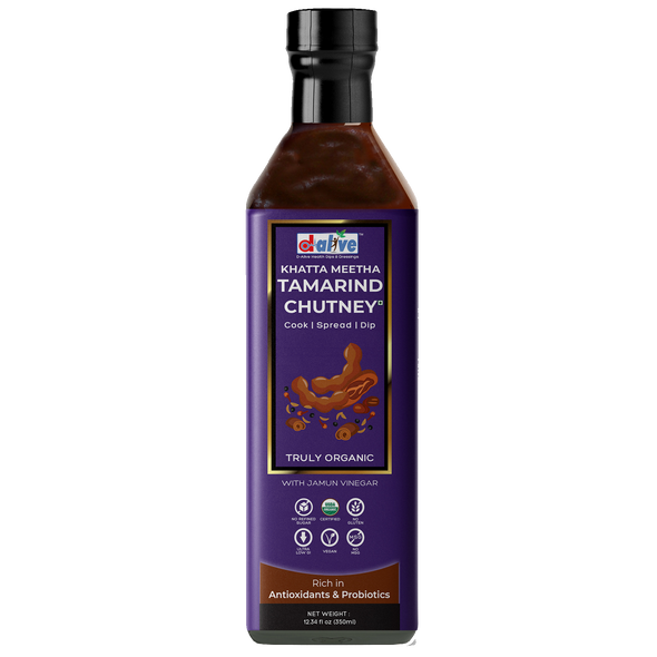 D-Alive | Khatta Meetha Tamarind (Imli) Chutney (USDA Organic, Sugar-Free, Gluten-Free, Low Carb, Ultra Low GI, Vegan, Diabetes & Keto Friendly) - 350g | 11.83 Oz | 0.77 lbs