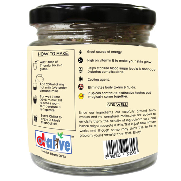 D-Alive | Organic Thandai Instant Drink Premix (Sugar-Free, Organic, Ultra-Low GI, Vegan, Diabetes and Keto-Friendly, No Emulsifier Antioxidant and Tasty) - 100g | 3.53 Oz | 0.22 lbs