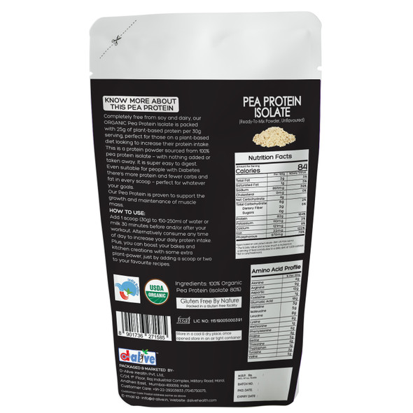 D-Alive | Honestly Organic Plant Based Pea Protein Powder - Unflavoured Protein Isolate: 80% - 200g - Packed In Eco Friendly Paper Pouch | 7.05 Oz | 0.44 lbs