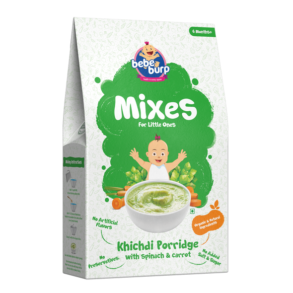 Bebe Burp | Natural Baby Food Instant Khichdi Mix Porridge with Spinach & Carrot  | 7.05 Oz | 0.44 lbs