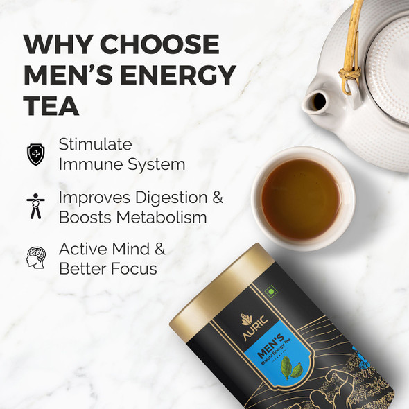 Auric | Tea for Men's Energy with Pure Shilajit Resin to Boost Stamina & Sports Performance | Ayurvedic Herbs such as Ashwagandha, Gokshura, Safed Musli | Taste of Elaichi / Lemon | 50 sachets | 1.76 Oz | 0.11 lbs