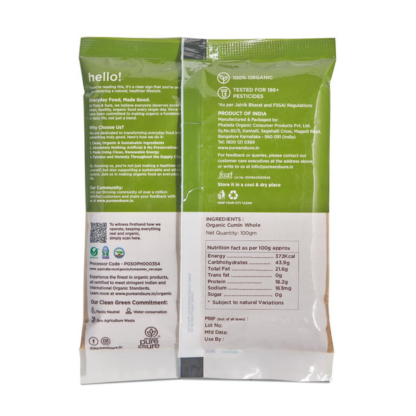 Pure & Sure Organic Cumin (Jeera) Whole|100gm|3.53 Oz