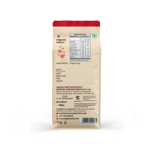 Organic Tattva Semolina Coarse Rawa Suji|500 g|1.22 lbs