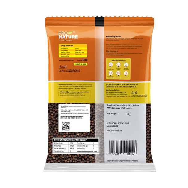 Pro Nature 100% Organic Black Pepper (Whole)|100gm|3.53 Oz