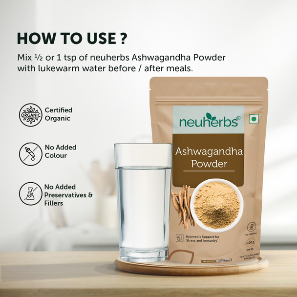 Neuherbs Ashwagandha Powder - 100 Gm | Ayurvedic Support for Stress Relief, Mental Calmness & Anxiety Issues | Support Strength & Energy | Certified|100 gm|3.53 Oz
