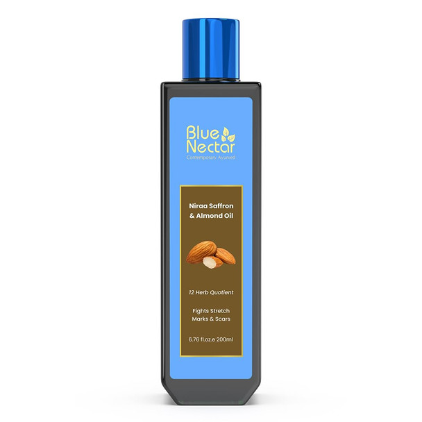 Blue Nectar Saffron & Almond Oil, Ayurveda Product for Crepey Skin | Skin Firming Body Oil for Stretch Marks|200 g|7.05 Oz