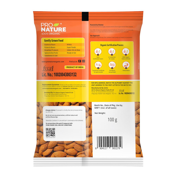 Pro Nature 100% Organic Dried Almonds|100gm|3.53 Oz