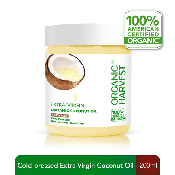 Organic Harvest Extra Virgin Coconut Oil: 100% Pure | For Hair & Skin, Coconut Virgin Oil for Baby Massage, 100% American Certified Organic, Paraben & Sulphate-free|200 ml| 6.7 FlOz