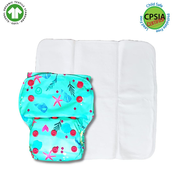 Kindermum Colourful Art and Sealife Lite Cloth Diaper With Quick Dry Organic Cotton Insert, daytime reuseable diaper fits 0-4 years baby - Pack of 2 (Colorful Art Seal)|5.268736Oz|0.329296lbs
