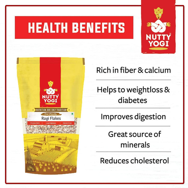 Nutty Yogi 100% Gluten Free & Organic Ragi Flakes (Finger Millet) | Ragi Poha | Ready to Cook Flakes | Unflavored & Toasted Alternative to Oats | Healthy Snack - 400 gm (Pack of 3)|14.08Oz|0.88lbs