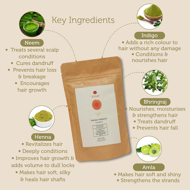 TVAM Dark Brown Henna Hair Color | COSMOS Natural Certified | Organically Grown Ingredients | For Premature Greys, Scalp Infections And Split Ends | Toxic Ingredients Free - 100gms|3.52Oz|0.22lbs