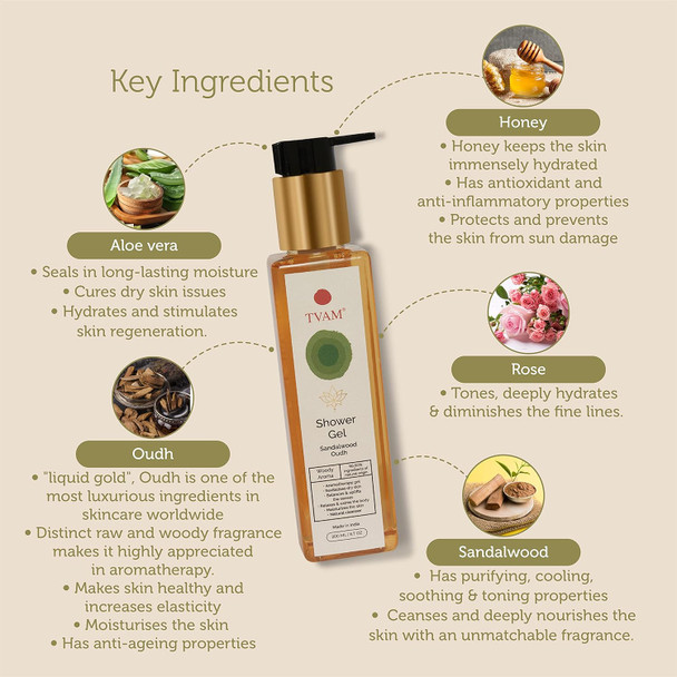 TVAM Organic Aromatherapy Shower Gel | Sandalwood Oudh|7.04Oz|0.44lbs