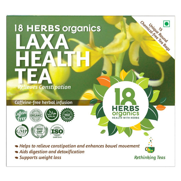18 Herbs Organics Laxa Health Tea (15 Tea Bags - 21 grams - Duplex Carton - Pack of 4) Herbal Tea With Laxatives For Constipation - Chemical Free Unique Round Detox Tea Bags - Enhances Bowel Movement|6.8288Oz|0.4268lbs