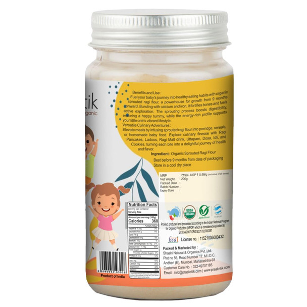 Praakritik Organic Sprouted Ragi Atta Flour 200g| Goodness of sprouted Ragi| 100% Organic & Natural| Fibre, Protein & Nutrient rich flour|7.04Oz|0.44lbs