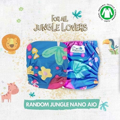 Kindermum Nano Lite, Gots Certified Soft Freesize Adjustable, Washable diaper Reusable Diaper for babies 0-3 Years, Cloth Diaper for babies with organic cotton insert (Random Jungle-Nano Lite)|8.8Oz|0.55lbs
