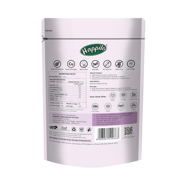 Happilo 100% Natural Premium Whole Cashews | 200 g | 7.06 oz [Fit Tuber Recs]