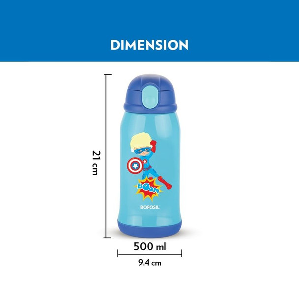 Borosil Superhero Kids Thermal Bottle with Bag | 500 ml | 16.91 fl oz [Fit Tuber Recs]