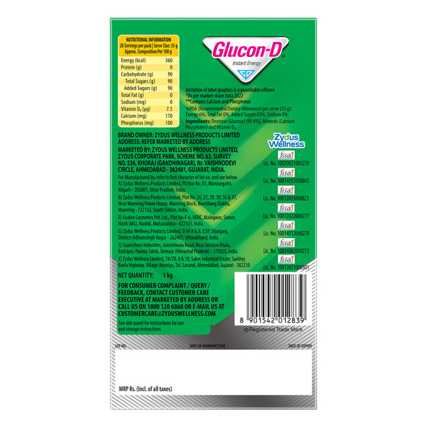 Glucon-D Regular Glucose Powder(1kg, Refill) | For Tasty Glucose Drink | Provides Instant Energy | Vitamin D2 Supports Immunity | 1kg | 2.20 lb [Fit Tuber Recs]