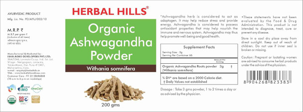 Herbal Hills Organic Ashwagandha Powder | Ashwagandha Herbal Powder | 200 gms | 7.05 oz [Fit Tuber Recs]