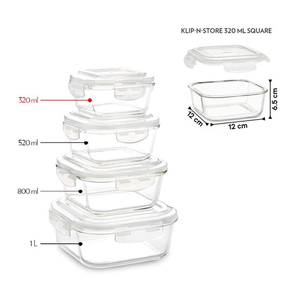 Borosil Klip N Store Borosilicate Glass Container (Square) (Transparent) | 320 ml | 10.83 fl oz [Fit Tuber Recs]
