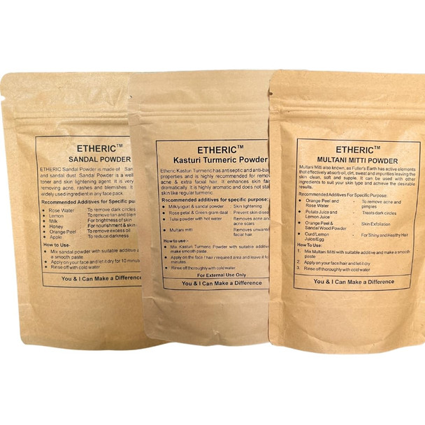 Etheric Glowing Skin Pack (Sandal+Kasturi Turmeric+Multani Mitti) For making skin fair, Acne treatment II Wrinkle Removal II Reduce Blemishes | 3 X 100 Grams | 10.58 oz [Fit Tuber Recs]