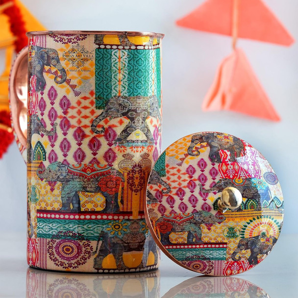 INDIAN ART VILLA Copper Water Jug, Rajasthani Theme Printed, Ayurvedic Health Benefits, Storage & Serving Water | 1.5 Litre | 50.72 fl oz [Fit Tuber Recs]