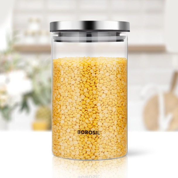 Borosil Classic Glass Jar, Air-Tight Storage Container For Kitchen, Glass Jar For Storing Spices, Grains, Dals | 900 ml | 30.43 fl oz [Fit Tuber Recs]